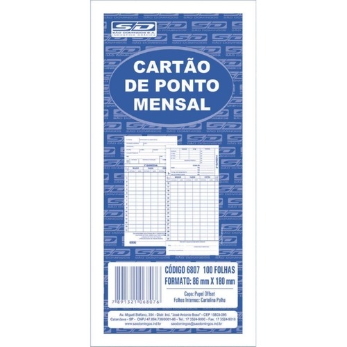 Bloco Cartão De Ponto Mensal 100un Rb São Domingos Zip Papelaria 9398